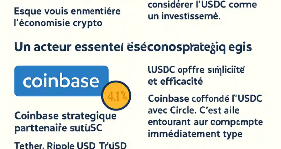 Infographie en flat design illustrant la stabilité de l'USDC avec un symbole de dollar au centre, entouré d’éléments représentant les transferts rapides, la sécurité et l’usage dans les plateformes comme Coinbase.