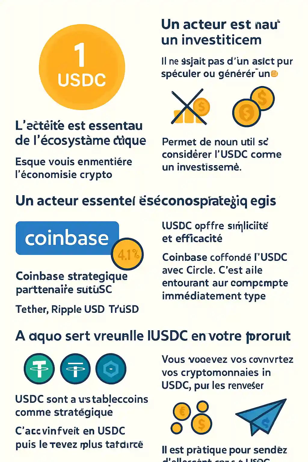 Infographie en flat design illustrant la stabilité de l'USDC avec un symbole de dollar au centre, entouré d’éléments représentant les transferts rapides, la sécurité et l’usage dans les plateformes comme Coinbase.