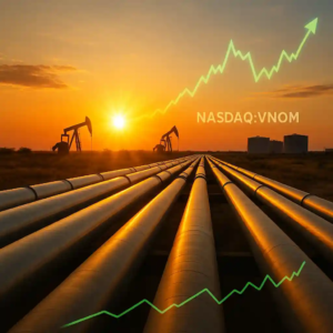 Oil and gas pipelines at sunrise near Midland, Texas with pump jacks, storage tanks, and a green upward financial chart showing NASDAQ:VNOM growth.