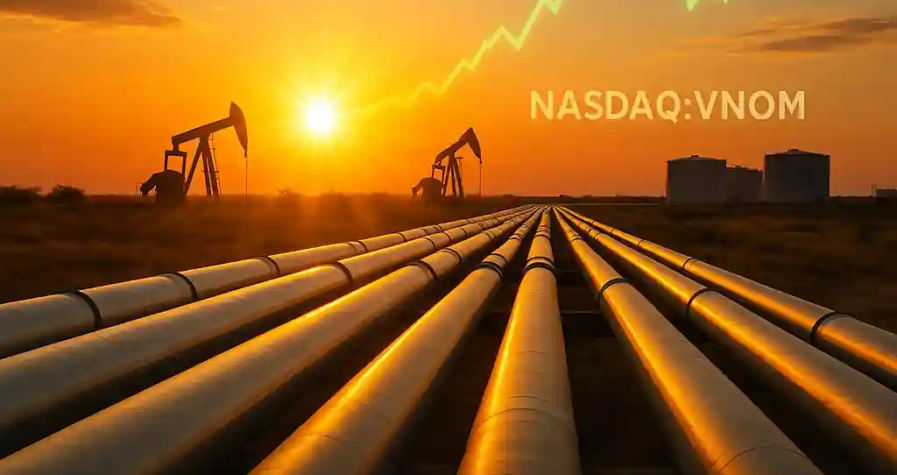 Oil and gas pipelines at sunrise near Midland, Texas with pump jacks, storage tanks, and a green upward financial chart showing NASDAQ:VNOM growth.