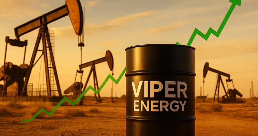 Baril marqué « Viper Energy » devant des derricks pétroliers du bassin permien et un graphique vert en hausse