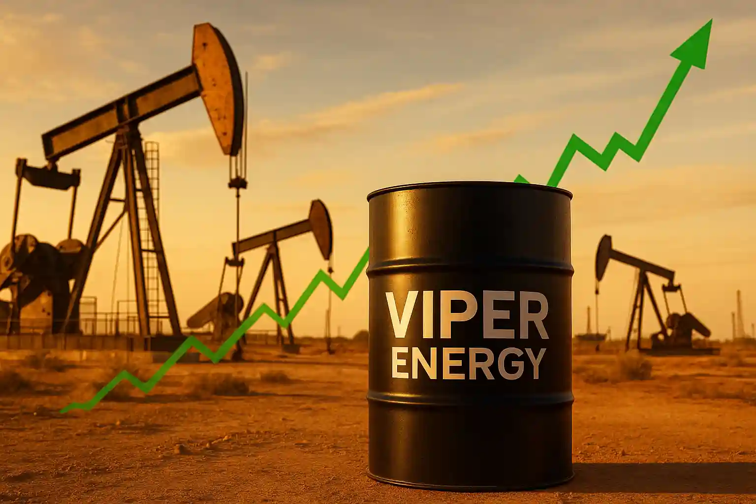 Baril marqué « Viper Energy » devant des derricks pétroliers du bassin permien et un graphique vert en hausse