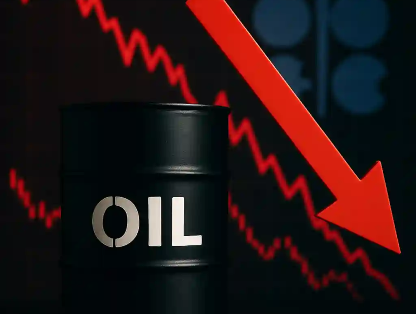 Baril de pétrole noir avec une flèche rouge descendante devant un graphique baissier et le logo de l’OPEP