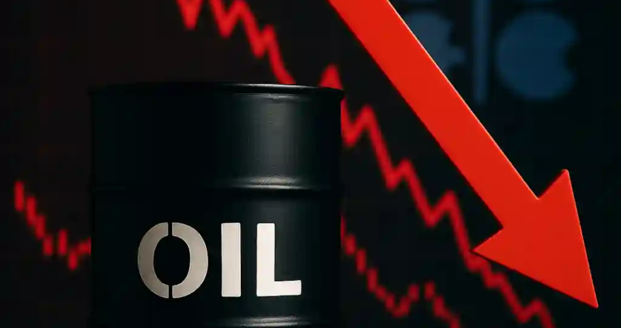 Baril de pétrole noir avec une flèche rouge descendante devant un graphique baissier et le logo de l’OPEP