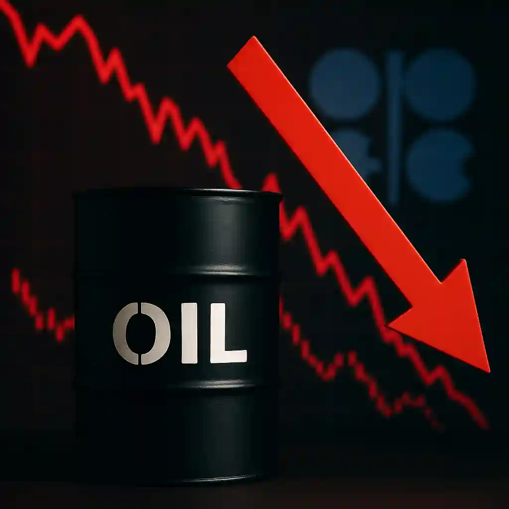 Baril de pétrole noir avec une flèche rouge descendante devant un graphique baissier et le logo de l’OPEP