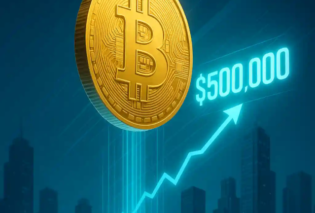 Pièce dorée Bitcoin flottant au-dessus d’une ville futuriste, avec un hologramme indiquant 500 000 $.