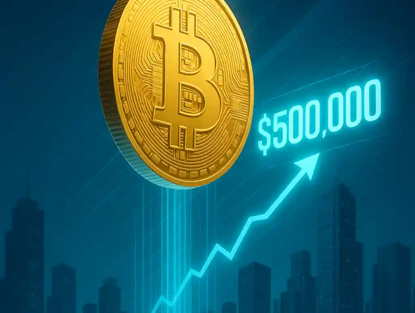 Pièce dorée Bitcoin flottant au-dessus d’une ville futuriste, avec un hologramme indiquant 500 000 $.