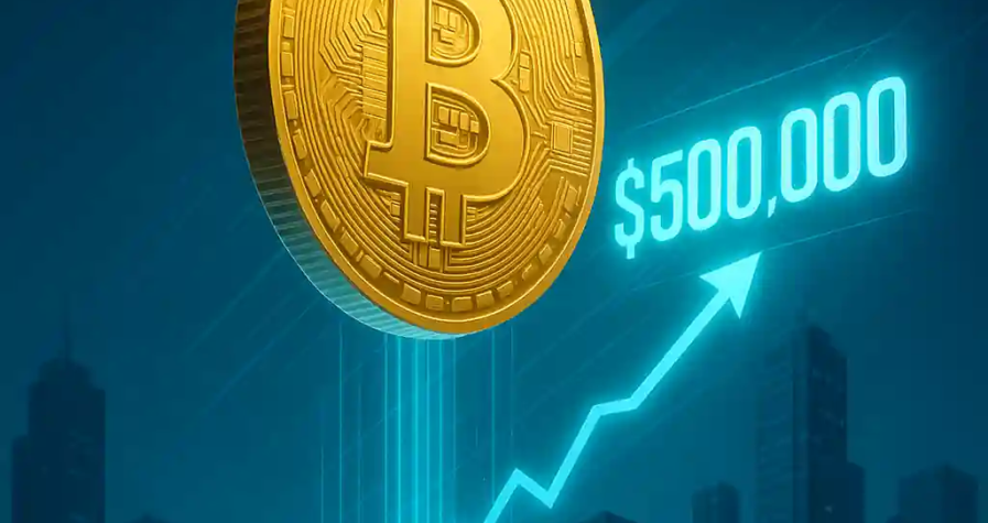 Pièce dorée Bitcoin flottant au-dessus d’une ville futuriste, avec un hologramme indiquant 500 000 $.