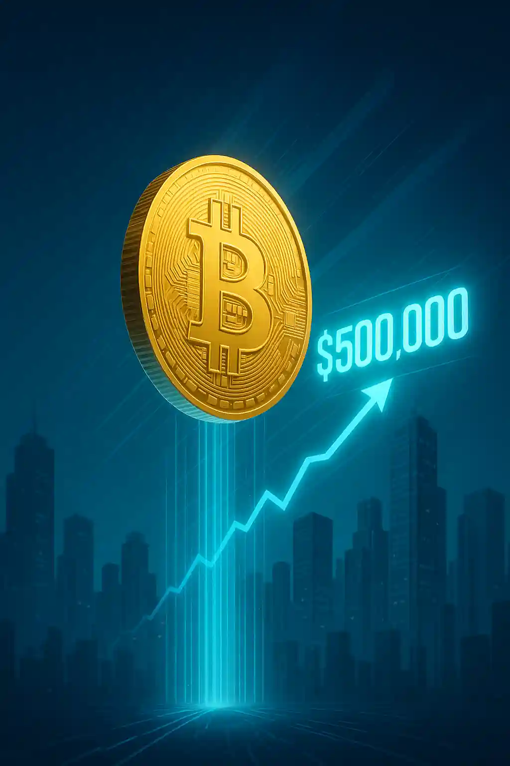 Pièce dorée Bitcoin flottant au-dessus d’une ville futuriste, avec un hologramme indiquant 500 000 $.