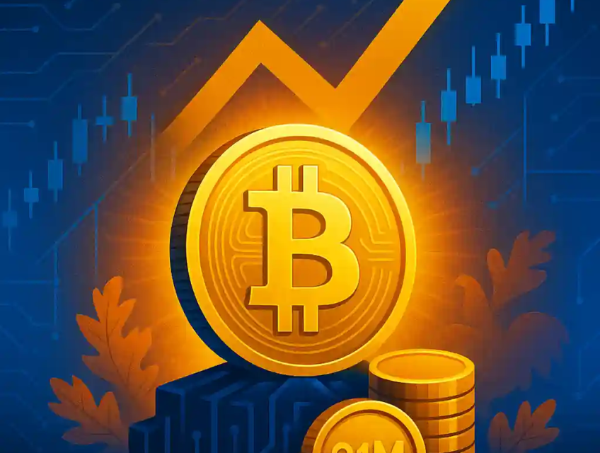 Golden Bitcoin with $500K target and upward arrow, symbolizing historic rise and future growth.