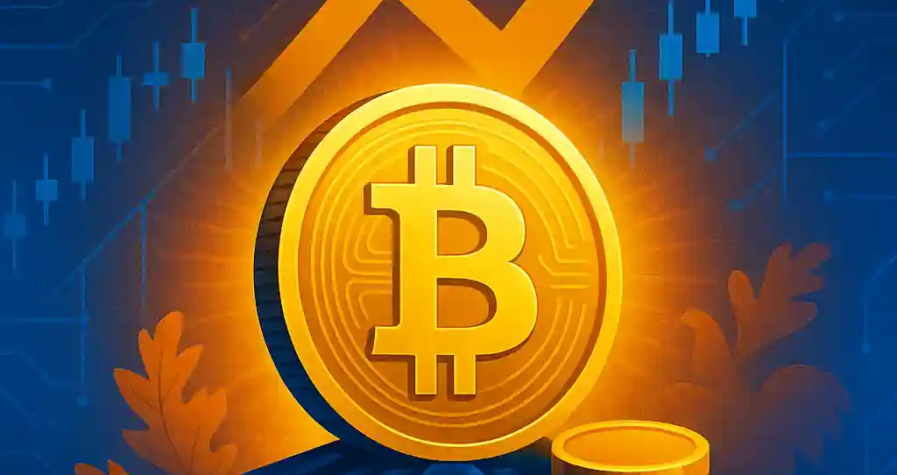 Golden Bitcoin with $500K target and upward arrow, symbolizing historic rise and future growth.