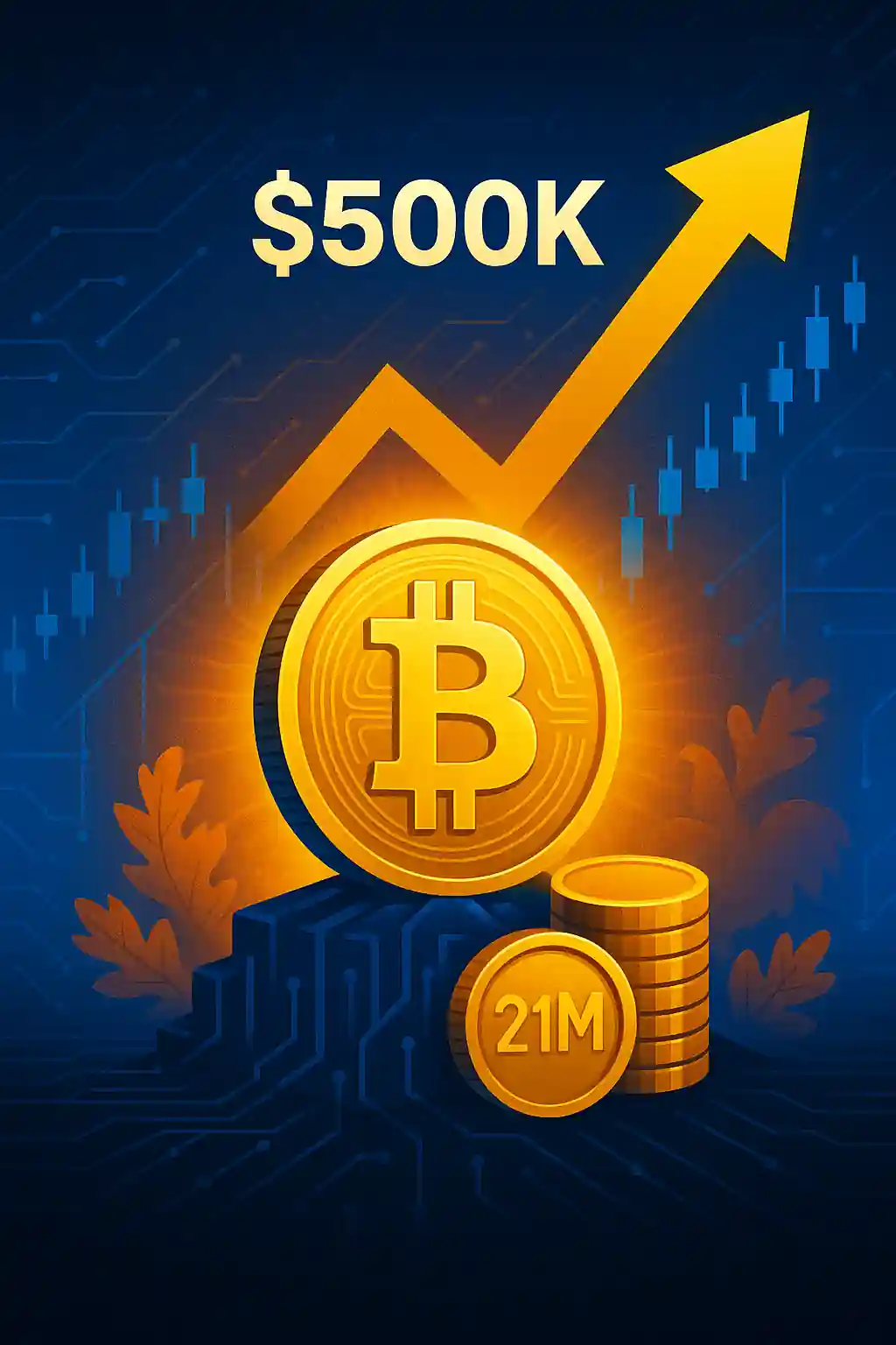 Golden Bitcoin with $500K target and upward arrow, symbolizing historic rise and future growth.