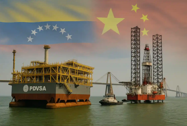 Floating oil platform and jackup rig in Lake Maracaibo, Venezuela, with tugboats and the Maracaibo Bridge, overlaid with Venezuelan and Chinese flags.