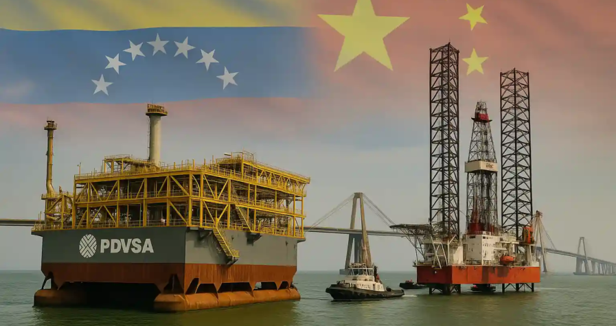 Floating oil platform and jackup rig in Lake Maracaibo, Venezuela, with tugboats and the Maracaibo Bridge, overlaid with Venezuelan and Chinese flags.