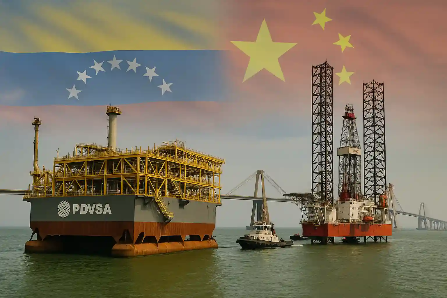 Floating oil platform and jackup rig in Lake Maracaibo, Venezuela, with tugboats and the Maracaibo Bridge, overlaid with Venezuelan and Chinese flags.