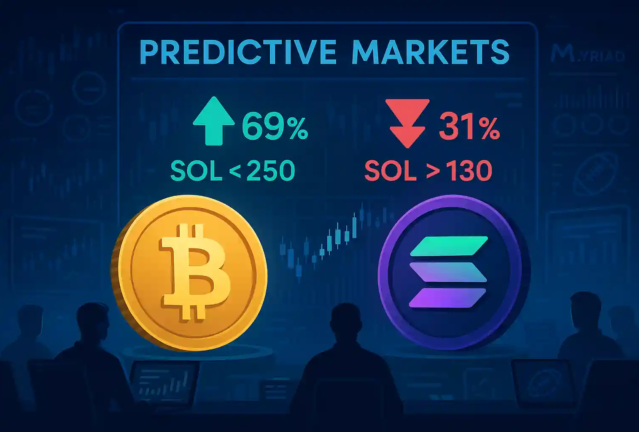 Illustration futuriste d’un marché prédictif cryptomonnaies, avec Bitcoin et Solana affichés sur un écran de trading, montrant des probabilités haussières et baissières.