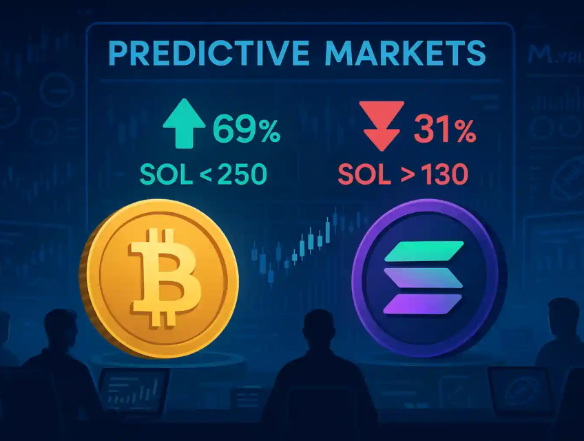 Illustration futuriste d’un marché prédictif cryptomonnaies, avec Bitcoin et Solana affichés sur un écran de trading, montrant des probabilités haussières et baissières.