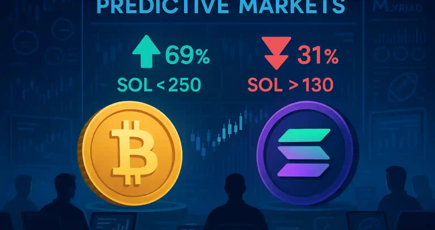 Illustration futuriste d’un marché prédictif cryptomonnaies, avec Bitcoin et Solana affichés sur un écran de trading, montrant des probabilités haussières et baissières.