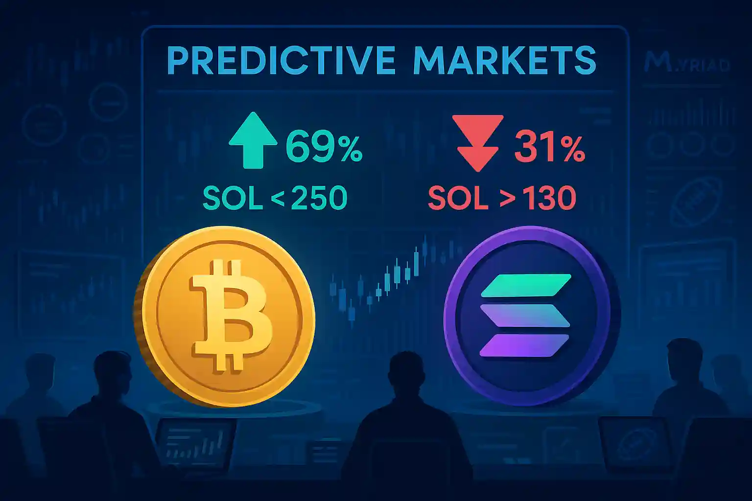 Illustration futuriste d’un marché prédictif cryptomonnaies, avec Bitcoin et Solana affichés sur un écran de trading, montrant des probabilités haussières et baissières.
