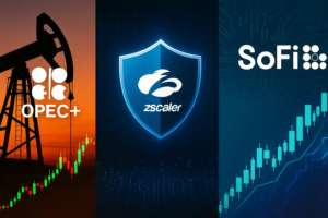 Split-screen composite showing oil pump jacks with OPEC+ logo, Zscaler cybersecurity shield, and SoFi AI ETF chart symbolizing cross-sector market catalysts.