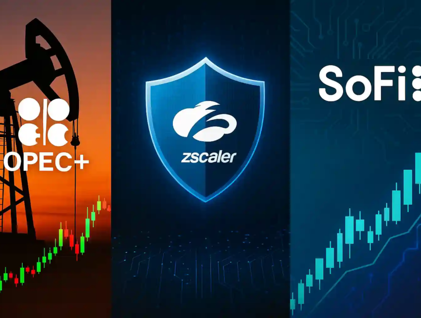 Split-screen composite showing oil pump jacks with OPEC+ logo, Zscaler cybersecurity shield, and SoFi AI ETF chart symbolizing cross-sector market catalysts.