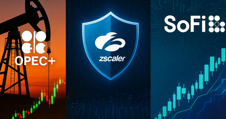 Split-screen composite showing oil pump jacks with OPEC+ logo, Zscaler cybersecurity shield, and SoFi AI ETF chart symbolizing cross-sector market catalysts.