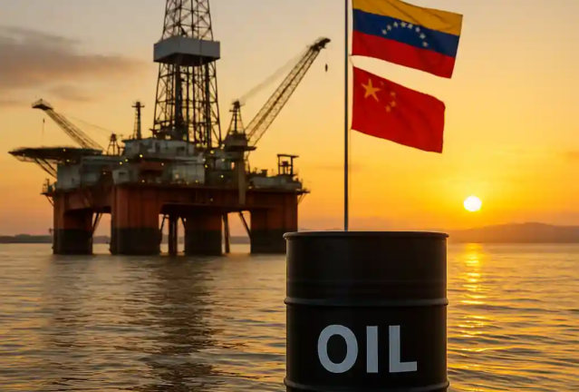 Plateforme pétrolière flottante sur le lac Maracaibo avec un baril marqué « OIL » et les drapeaux du Venezuela et de la Chine au coucher du soleil