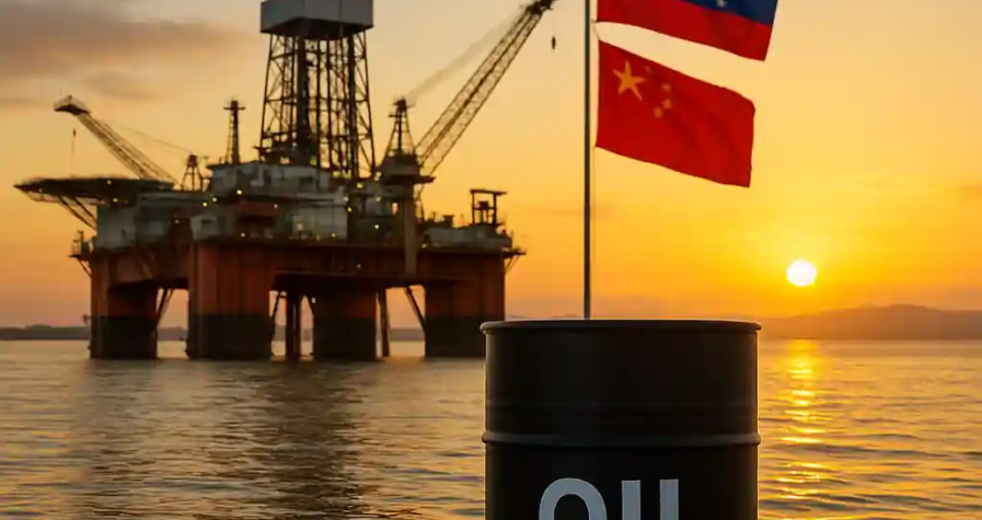 Plateforme pétrolière flottante sur le lac Maracaibo avec un baril marqué « OIL » et les drapeaux du Venezuela et de la Chine au coucher du soleil
