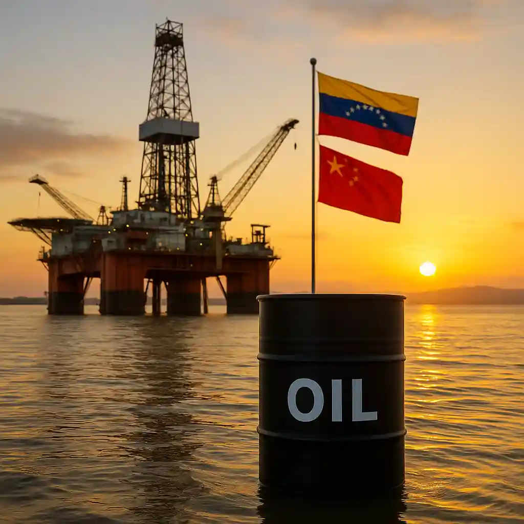 Plateforme pétrolière flottante sur le lac Maracaibo avec un baril marqué « OIL » et les drapeaux du Venezuela et de la Chine au coucher du soleil