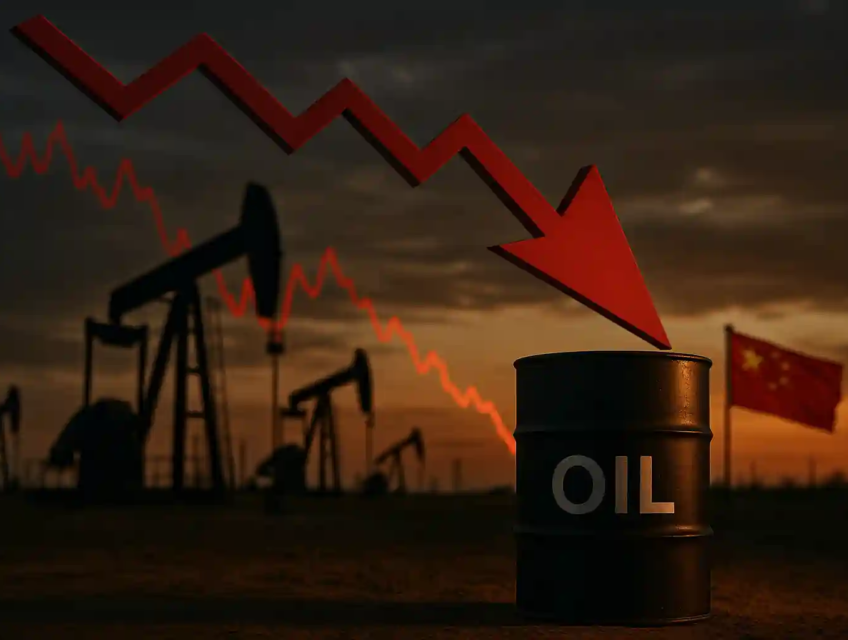 Baril de pétrole noir avec une flèche rouge descendante devant des derricks au crépuscule