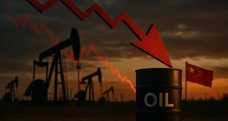Baril de pétrole noir avec une flèche rouge descendante devant des derricks au crépuscule