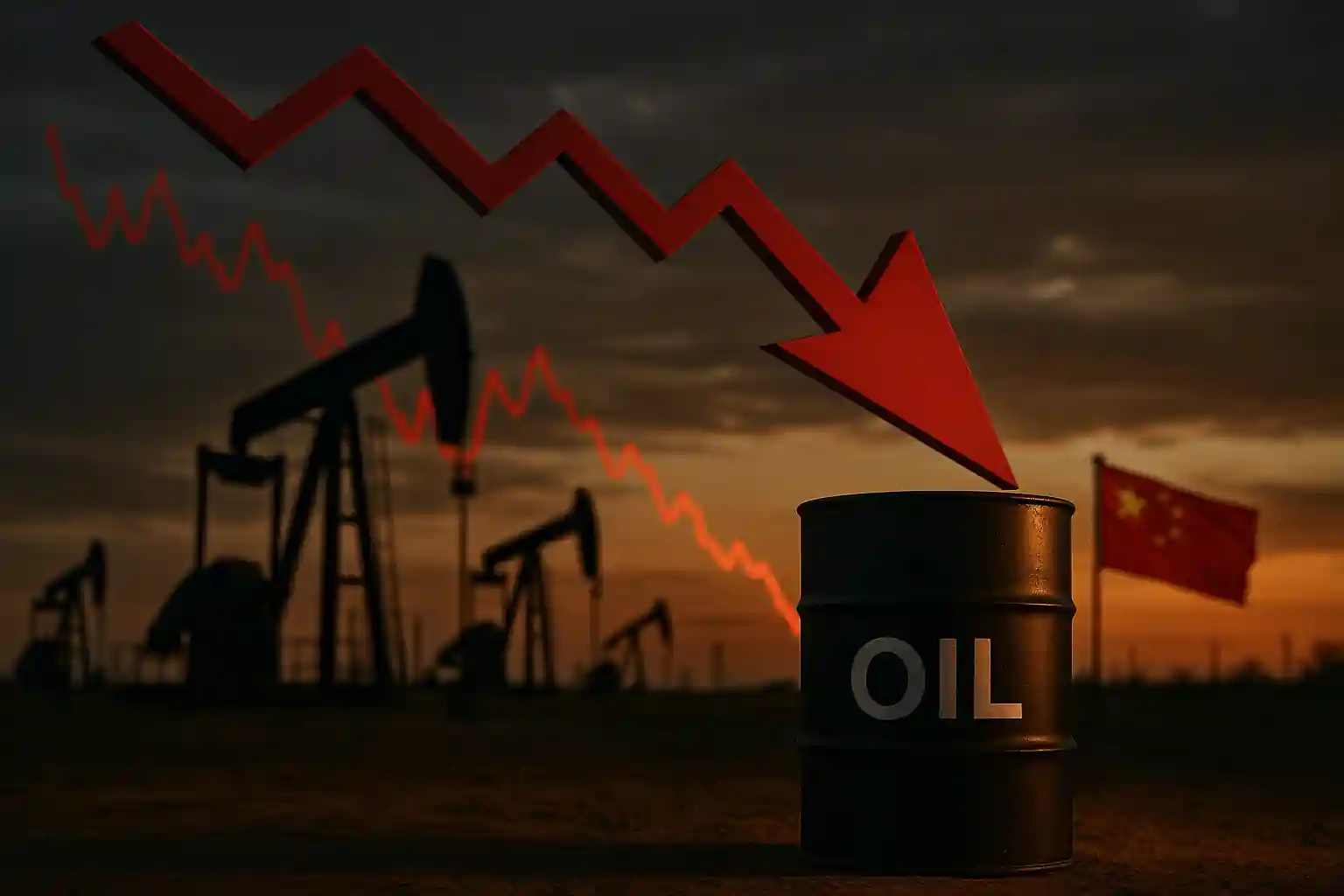 Baril de pétrole noir avec une flèche rouge descendante devant des derricks au crépuscule