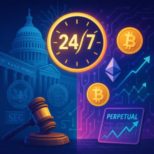 Illustration showing regulators, a 24/7 clock, and Bitcoin/Ethereum symbols merging Wall Street with crypto markets.