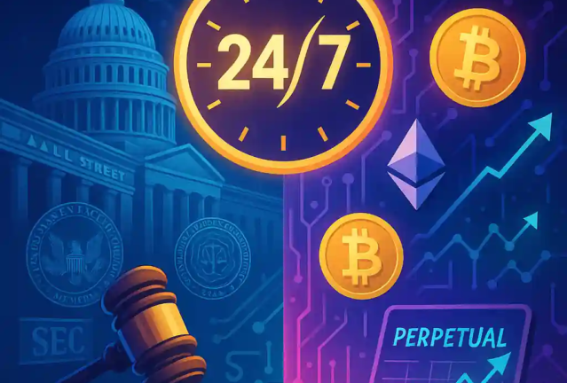 Illustration showing regulators, a 24/7 clock, and Bitcoin/Ethereum symbols merging Wall Street with crypto markets.