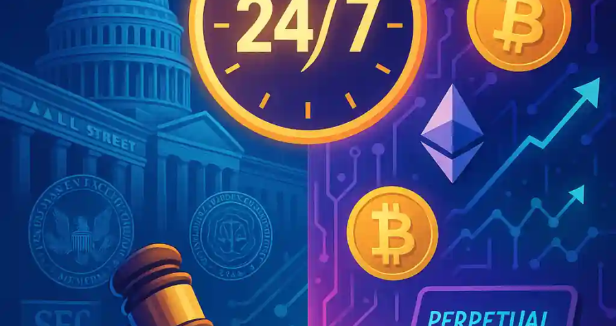 Illustration showing regulators, a 24/7 clock, and Bitcoin/Ethereum symbols merging Wall Street with crypto markets.