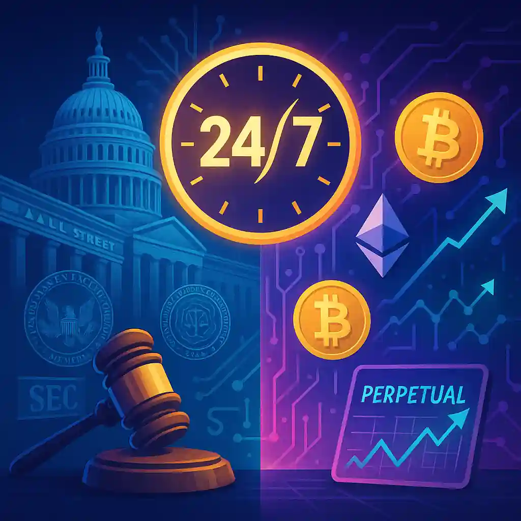 Illustration showing regulators, a 24/7 clock, and Bitcoin/Ethereum symbols merging Wall Street with crypto markets.
