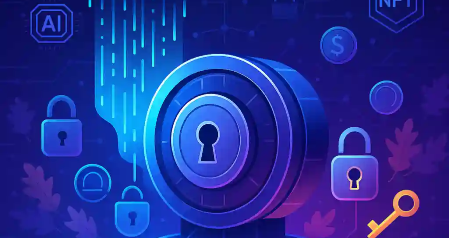 Illustration of a futuristic vault with locks, keys, and blockchain icons symbolizing decentralized data management.