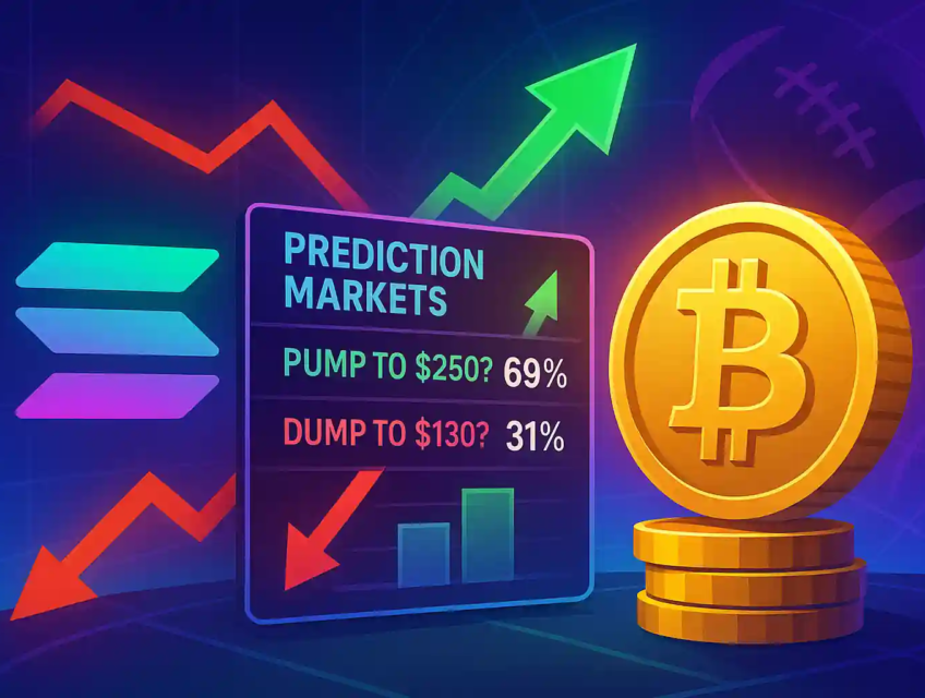 Digital illustration showing Solana and Bitcoin with prediction market odds, pump or dump percentages, and rising arrows.