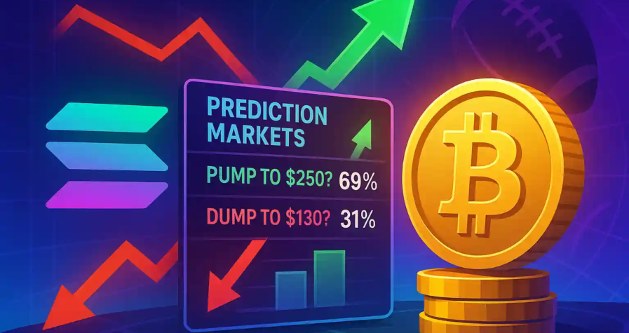 Digital illustration showing Solana and Bitcoin with prediction market odds, pump or dump percentages, and rising arrows.
