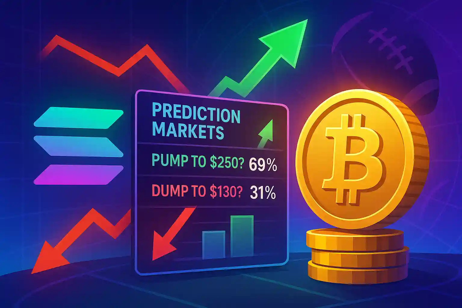 Digital illustration showing Solana and Bitcoin with prediction market odds, pump or dump percentages, and rising arrows.