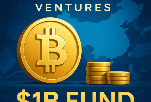 Golden Bitcoin coin with Sora Ventures logo and $1B Fund text over a blue Asia map.