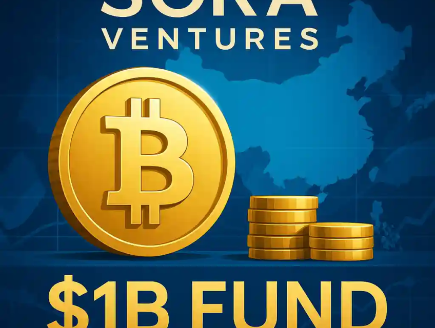 Golden Bitcoin coin with Sora Ventures logo and $1B Fund text over a blue Asia map.