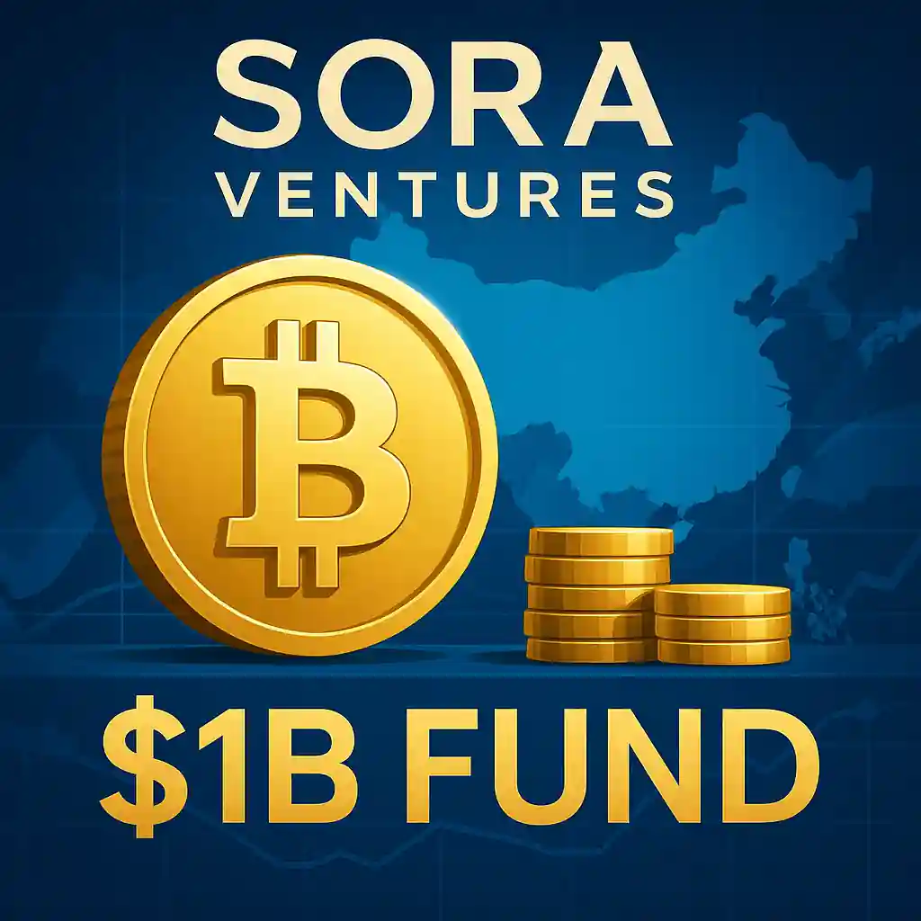 Golden Bitcoin coin with Sora Ventures logo and $1B Fund text over a blue Asia map.