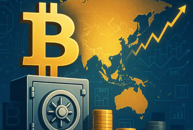 Illustration montrant un Bitcoin doré posé sur un coffre-fort avec piles de pièces, une carte de l’Asie illuminée en arrière-plan et le logo Sora Ventures.