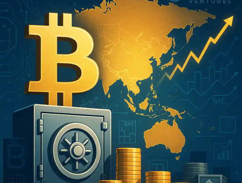 Illustration montrant un Bitcoin doré posé sur un coffre-fort avec piles de pièces, une carte de l’Asie illuminée en arrière-plan et le logo Sora Ventures.