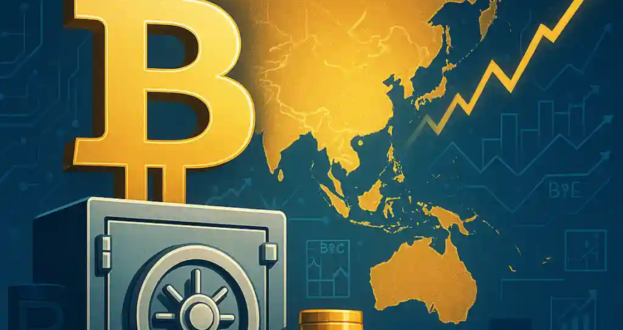 Illustration montrant un Bitcoin doré posé sur un coffre-fort avec piles de pièces, une carte de l’Asie illuminée en arrière-plan et le logo Sora Ventures.