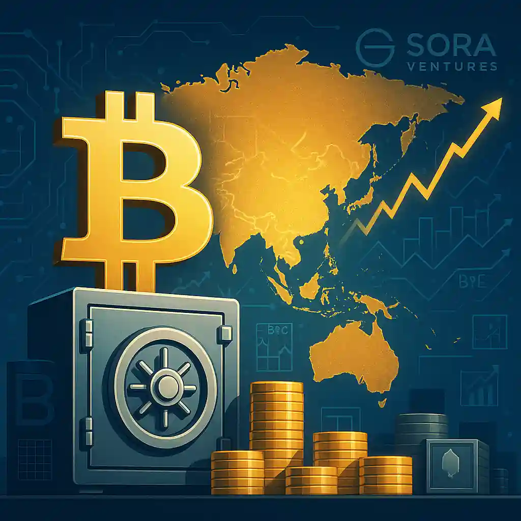 Illustration montrant un Bitcoin doré posé sur un coffre-fort avec piles de pièces, une carte de l’Asie illuminée en arrière-plan et le logo Sora Ventures.