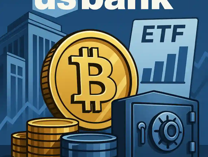 U.S. Bank logo with Bitcoin coin, ETF chart, and secure vault symbolizing digital asset custody relaunch.