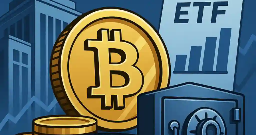 U.S. Bank logo with Bitcoin coin, ETF chart, and secure vault symbolizing digital asset custody relaunch.