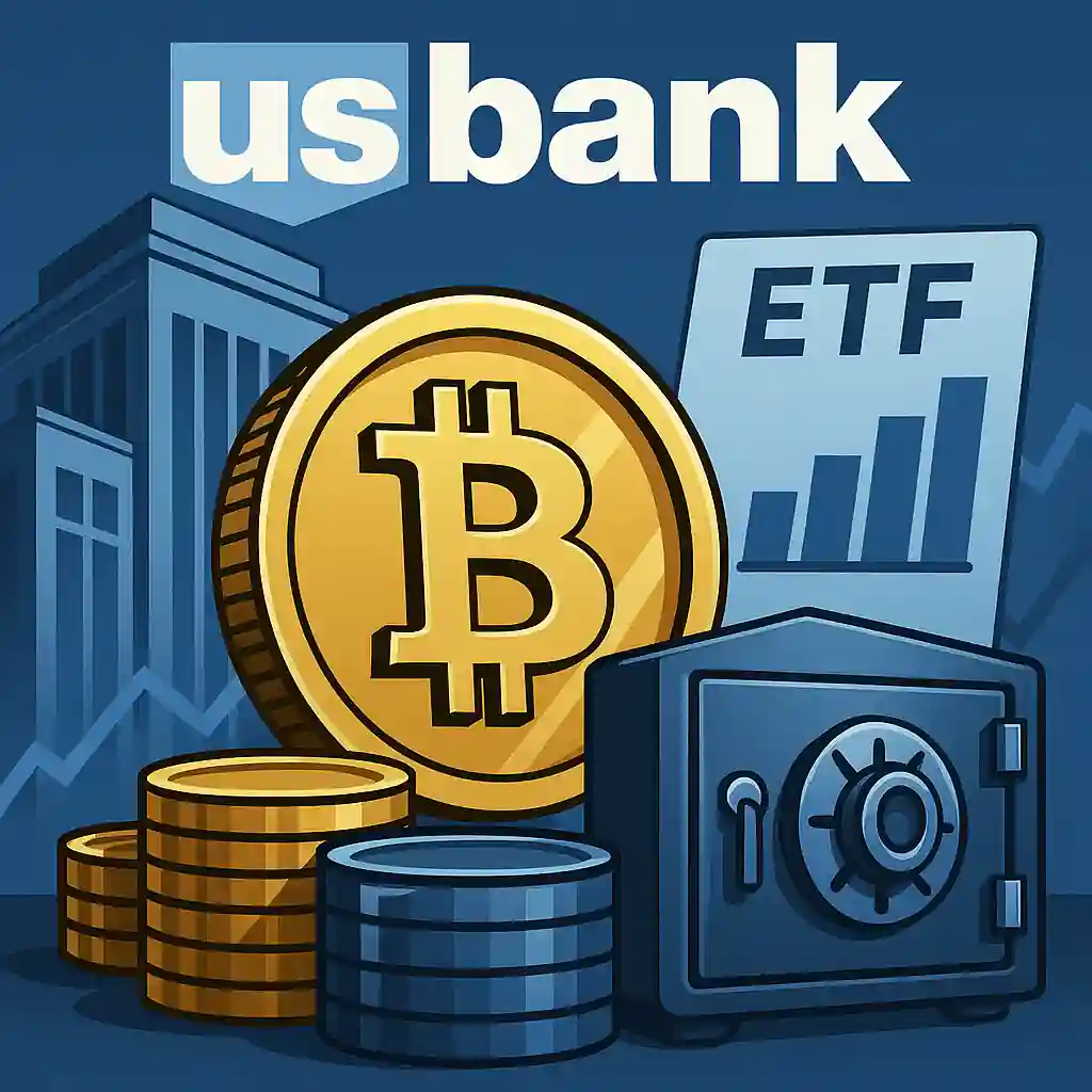 U.S. Bank logo with Bitcoin coin, ETF chart, and secure vault symbolizing digital asset custody relaunch.